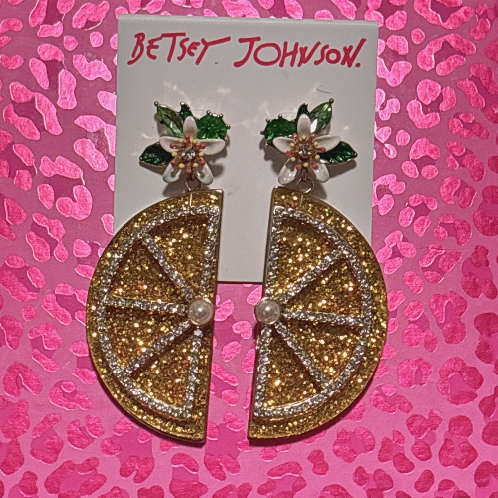 NWT Betsey Johnson Yellow Gold Sparkling Fruit Citrus Lemon Flower Earrings